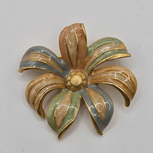 VTG 2PC Brooch Fairy Whimsy Spring Antique Look Marble Enamel Hummingbird Flower - Picture 5 of 12